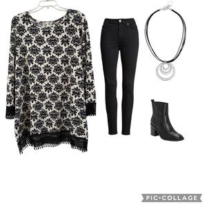 Lady Noiz Black & Cream Paisley Patterned Lace Trim Tunic Sweater Plus Size 1XL